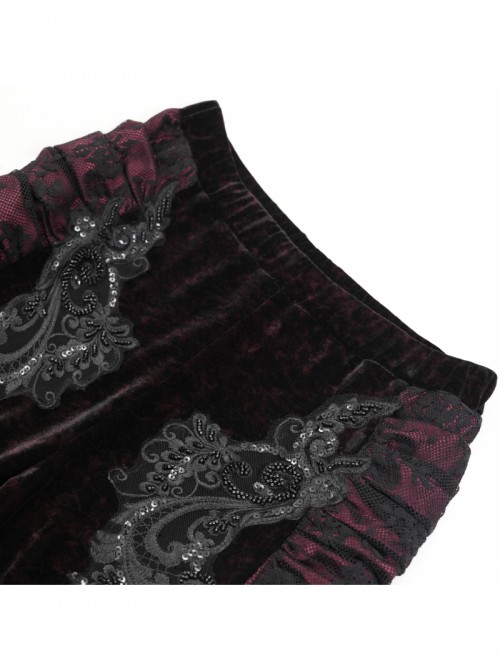 Elegant Retro Black Red Velvet Stitching Lace Mesh Gorgeous Embroidered Patch Gothic Style Flared Pants