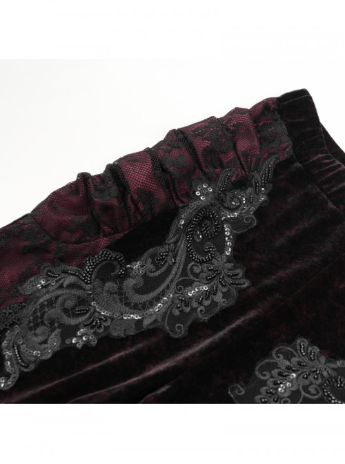 Elegant Retro Black Red Velvet Stitching Lace Mesh Gorgeous Embroidered Patch Gothic Style Flared Pants