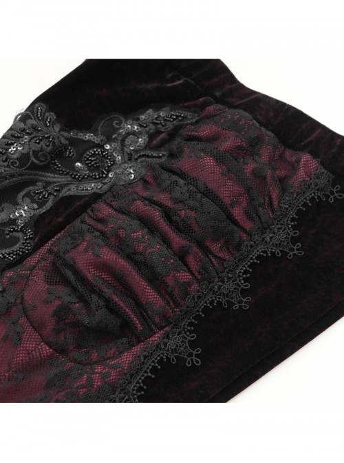 Elegant Retro Black Red Velvet Stitching Lace Mesh Gorgeous Embroidered Patch Gothic Style Flared Pants