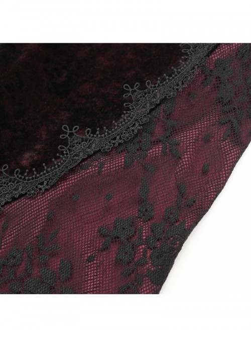 Elegant Retro Black Red Velvet Stitching Lace Mesh Gorgeous Embroidered Patch Gothic Style Flared Pants