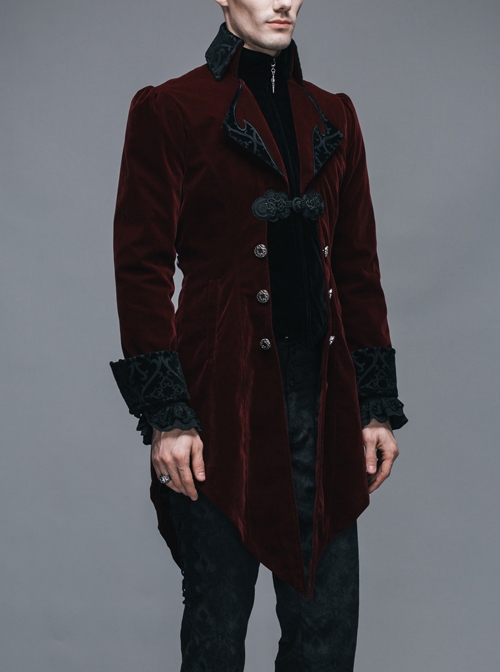 Gothic Carved Button Black Embroidered Collar Red Velveteen Dovetail Men Coat