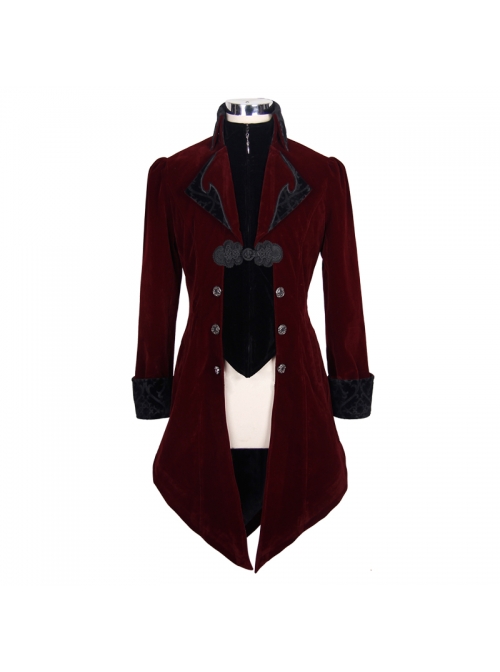 Gothic Carved Button Black Embroidered Collar Red Velveteen Dovetail Men Coat