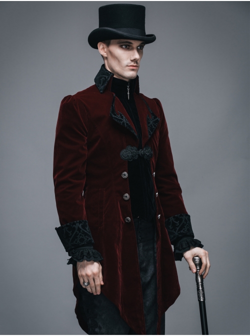 Gothic Carved Button Black Embroidered Collar Red Velveteen Dovetail Men Coat