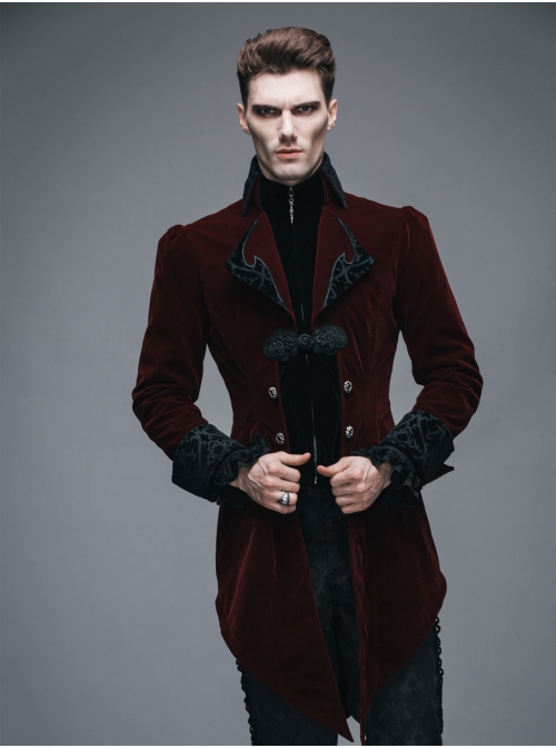 Gothic Carved Button Black Embroidered Collar Red Velveteen Dovetail Men Coat