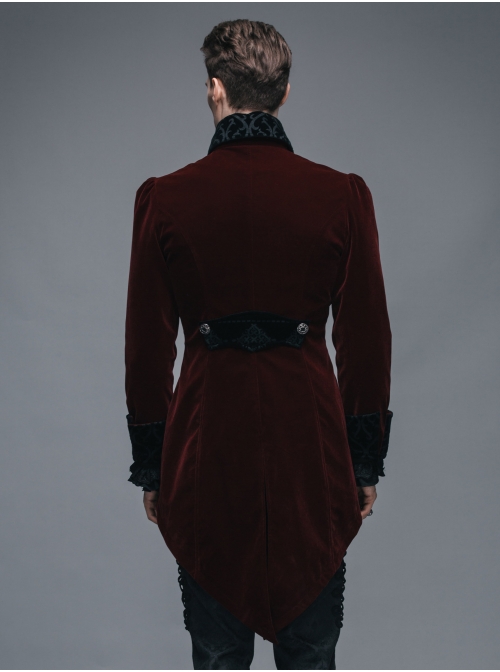 Gothic Carved Button Black Embroidered Collar Red Velveteen Dovetail Men Coat