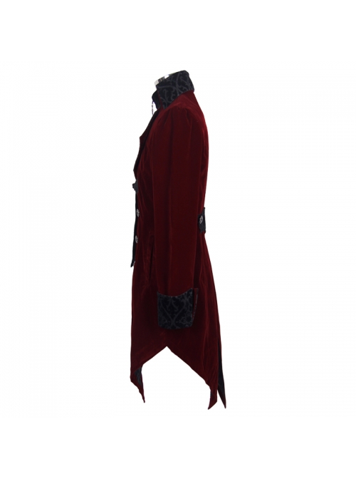 Gothic Carved Button Black Embroidered Collar Red Velveteen Dovetail Men Coat