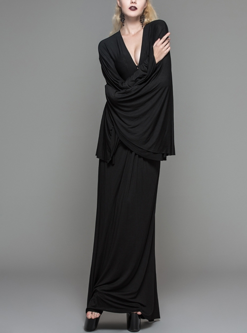 Bat-Sleeve Deep V-Neck Rose Button Black Gothic Maxi Dress