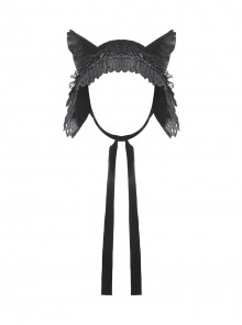 Black Velvet Lace Ruffled Patchwork Cute Cat Ears Gothic Style Bonnet