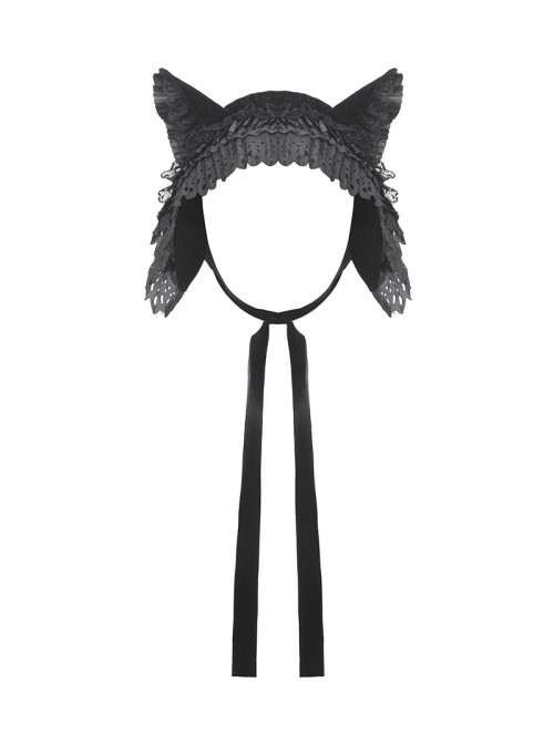 Black Velvet Lace Ruffled Patchwork Cute Cat Ears Gothic Style Bonnet