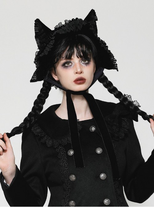 Black Velvet Lace Ruffled Patchwork Cute Cat Ears Gothic Style Bonnet
