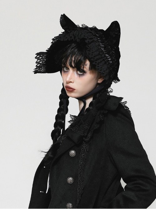 Black Velvet Lace Ruffled Patchwork Cute Cat Ears Gothic Style Bonnet