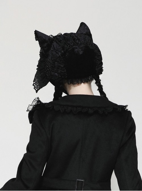 Black Velvet Lace Ruffled Patchwork Cute Cat Ears Gothic Style Bonnet