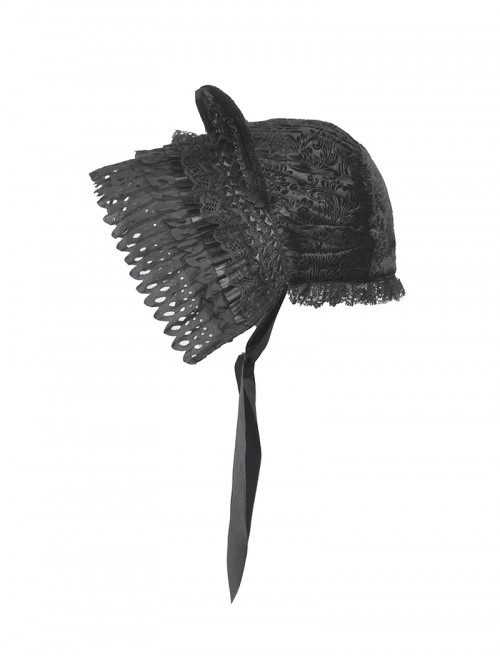 Black Velvet Lace Ruffled Patchwork Cute Cat Ears Gothic Style Bonnet