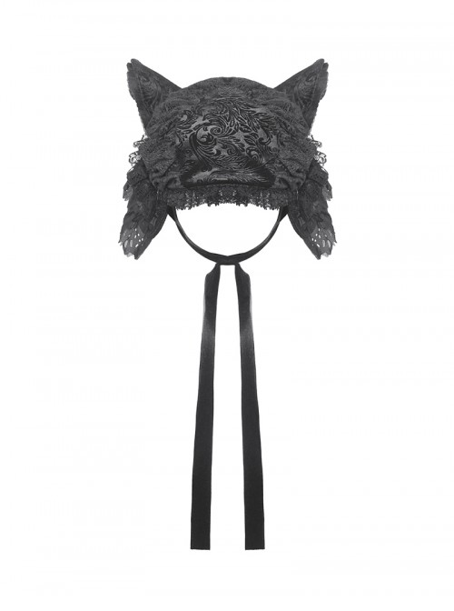 Black Velvet Lace Ruffled Patchwork Cute Cat Ears Gothic Style Bonnet