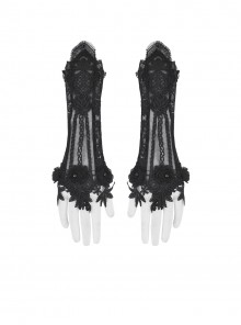 Black Embroidered Lace Patchwork Retro Rose Gothic Style Gloves
