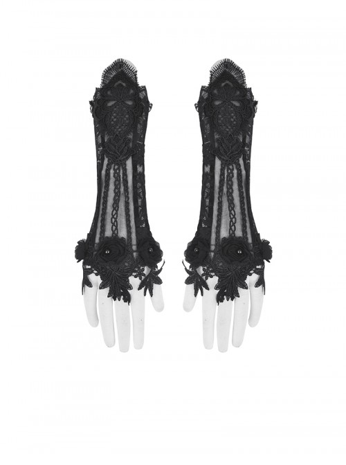 Black Embroidered Lace Patchwork Retro Rose Gothic Style Gloves