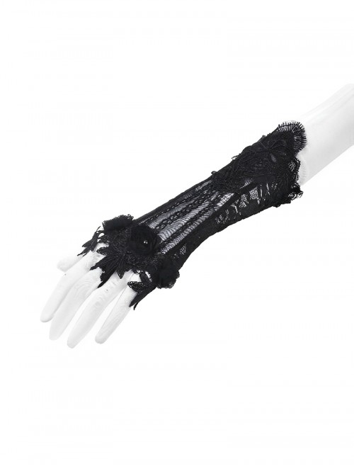 Black Embroidered Lace Patchwork Retro Rose Gothic Style Gloves