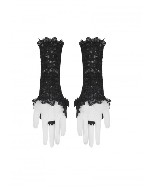 Black Embroidered Lace Patchwork Retro Rose Gothic Style Gloves
