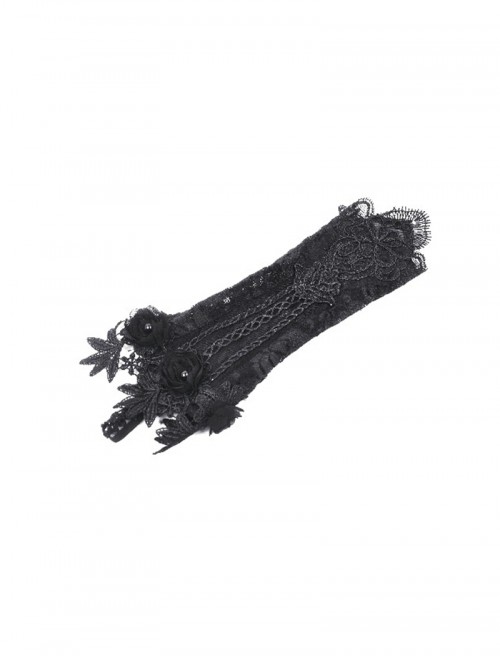 Black Embroidered Lace Patchwork Retro Rose Gothic Style Gloves