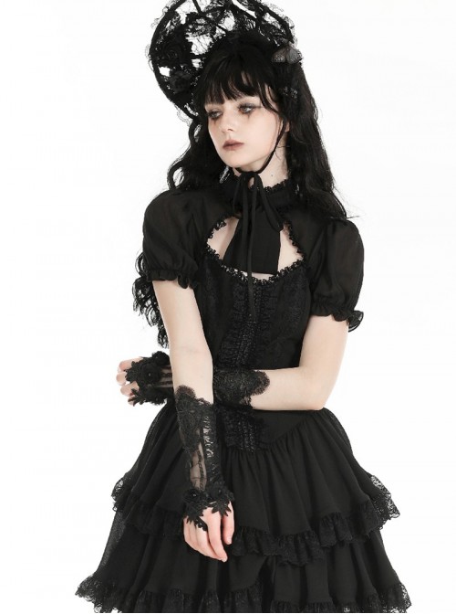 Black Embroidered Lace Patchwork Retro Rose Gothic Style Gloves