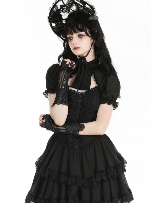 Black Embroidered Lace Patchwork Retro Rose Gothic Style Gloves