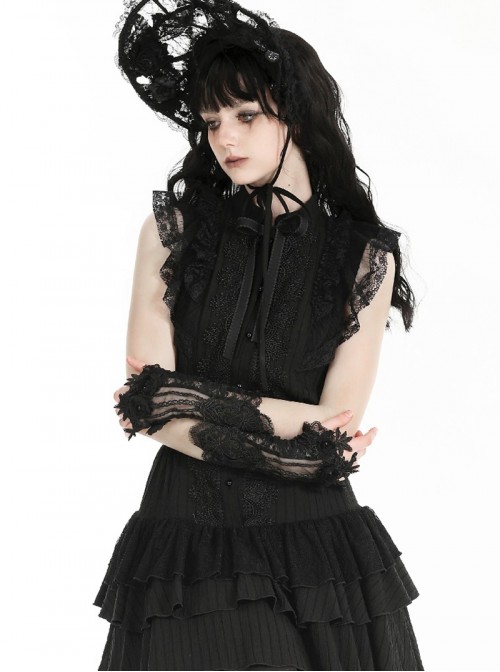 Black Embroidered Lace Patchwork Retro Rose Gothic Style Gloves