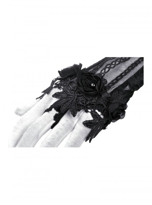 Black Embroidered Lace Patchwork Retro Rose Gothic Style Gloves