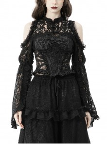 Black Lace Ruffled Retro Sexy Off Shoulder Gothic Style Trumpet Sleeves Cape