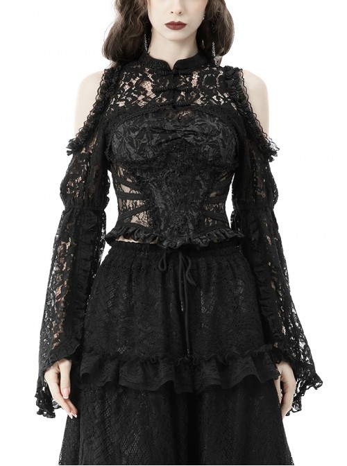 Black Lace Ruffled Retro Sexy Off Shoulder Gothic Style Trumpet Sleeves Cape