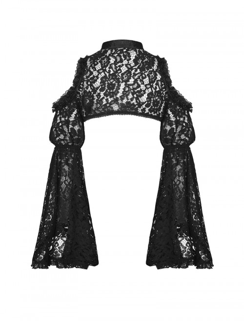 Black Lace Ruffled Retro Sexy Off Shoulder Gothic Style Trumpet Sleeves Cape
