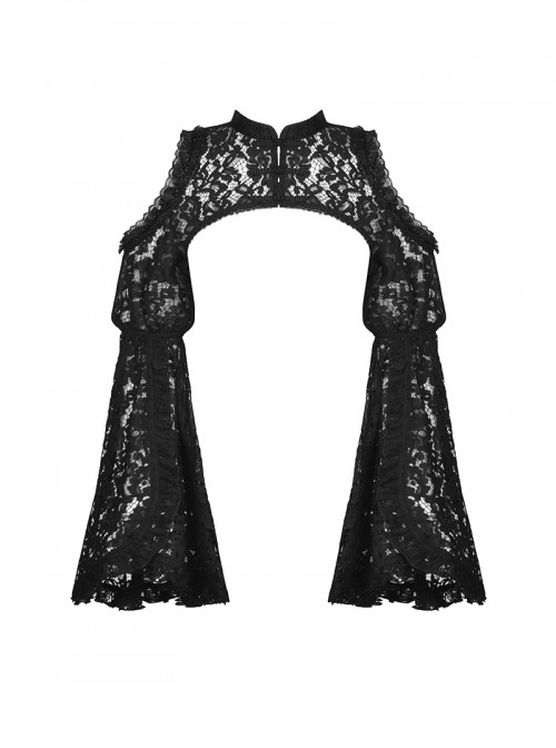 Black Lace Ruffled Retro Sexy Off Shoulder Gothic Style Trumpet Sleeves Cape