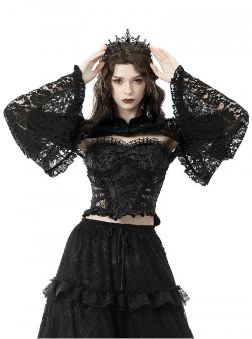 Black Lace Ruffled Retro Sexy Off Shoulder Gothic Style Trumpet Sleeves Cape