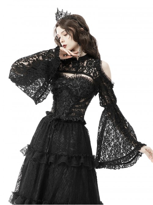 Black Lace Ruffled Retro Sexy Off Shoulder Gothic Style Trumpet Sleeves Cape