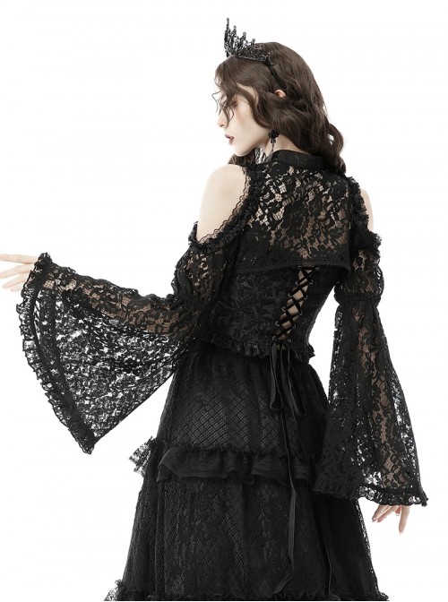 Black Lace Ruffled Retro Sexy Off Shoulder Gothic Style Trumpet Sleeves Cape
