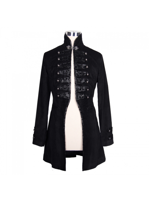 Black Fake Two Pieces Embroidered Gothic Patterned Hook Clasp Collar Leather Cuff Velvet Men Coat