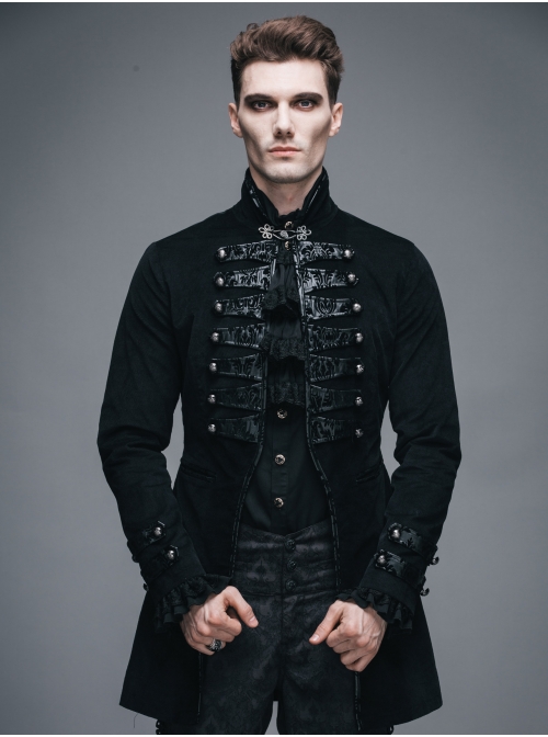 Black Fake Two Pieces Embroidered Gothic Patterned Hook Clasp Collar Leather Cuff Velvet Men Coat