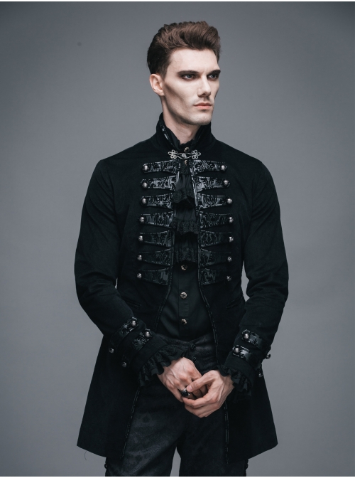 Black Fake Two Pieces Embroidered Gothic Patterned Hook Clasp Collar Leather Cuff Velvet Men Coat
