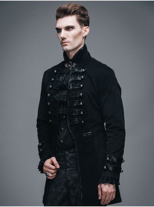 Black Fake Two Pieces Embroidered Gothic Patterned Hook Clasp Collar Leather Cuff Velvet Men Coat