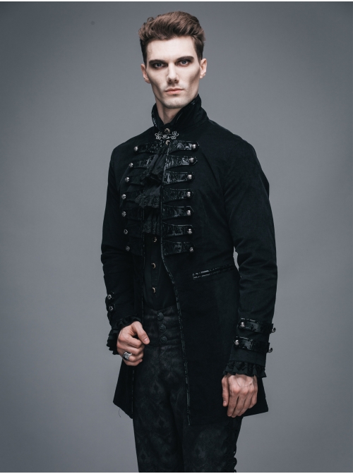 Black Fake Two Pieces Embroidered Gothic Patterned Hook Clasp Collar Leather Cuff Velvet Men Coat
