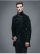 Black Fake Two Pieces Embroidered Gothic Patterned Hook Clasp Collar Leather Cuff Velvet Men Coat
