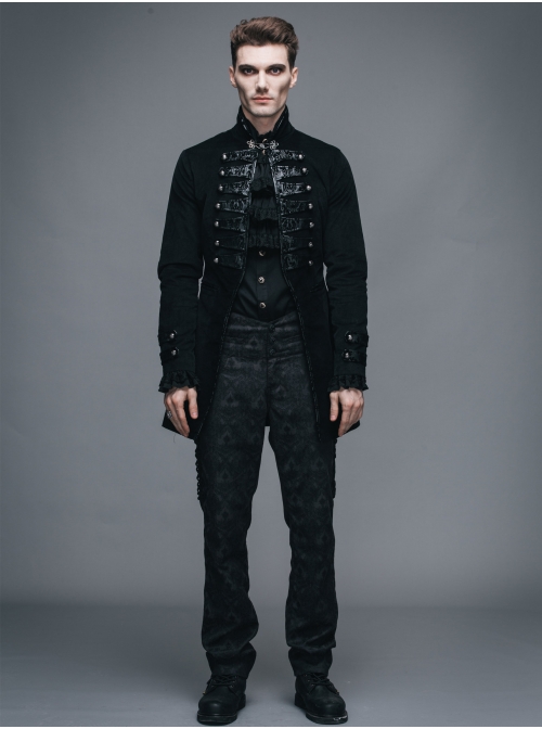 Black Fake Two Pieces Embroidered Gothic Patterned Hook Clasp Collar Leather Cuff Velvet Men Coat
