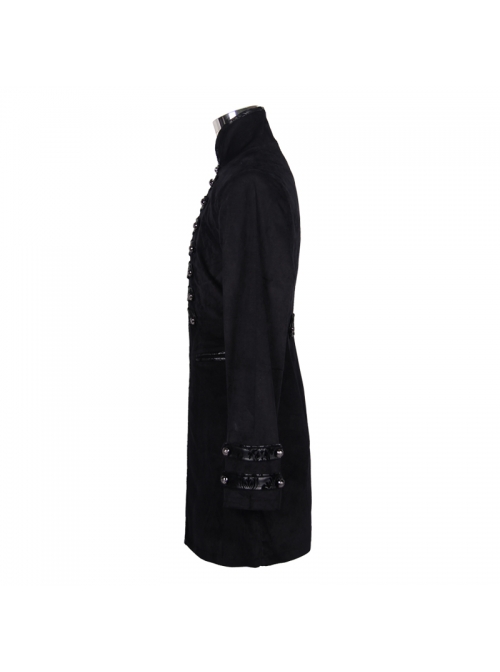 Black Fake Two Pieces Embroidered Gothic Patterned Hook Clasp Collar Leather Cuff Velvet Men Coat