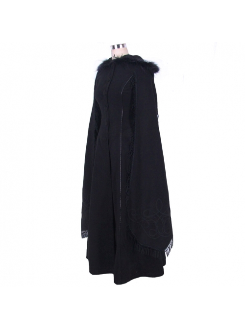 Gothic Hand-Embroidered Shawl Black Double-Sided Tweed Hooded Coat