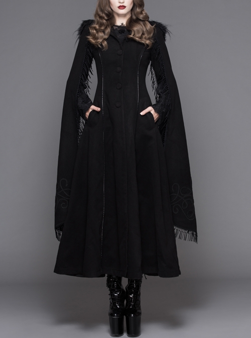 Gothic Hand-Embroidered Shawl Black Double-Sided Tweed Hooded Coat