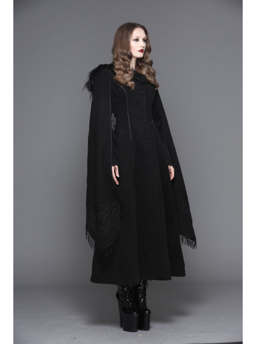 Gothic Hand-Embroidered Shawl Black Double-Sided Tweed Hooded Coat