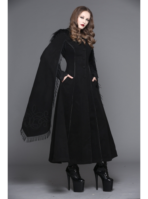 Gothic Hand-Embroidered Shawl Black Double-Sided Tweed Hooded Coat