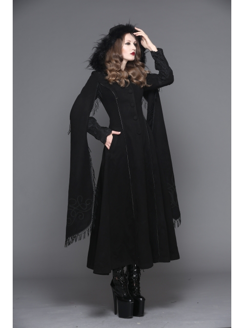 Gothic Hand-Embroidered Shawl Black Double-Sided Tweed Hooded Coat