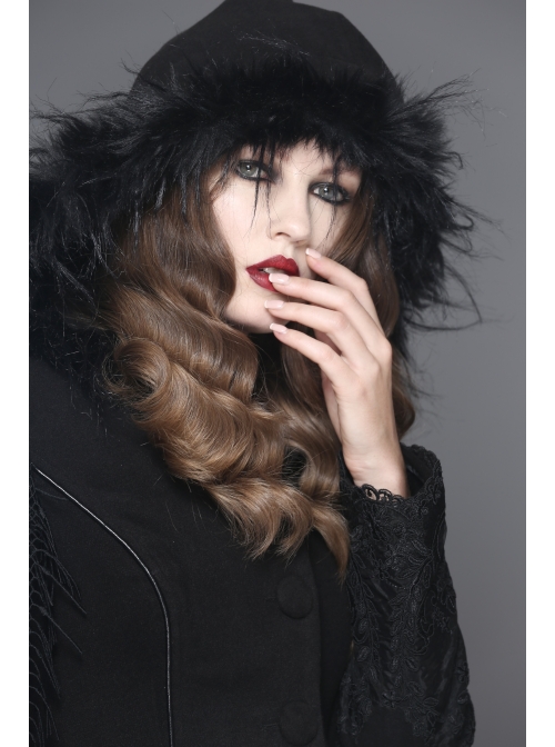 Gothic Hand-Embroidered Shawl Black Double-Sided Tweed Hooded Coat