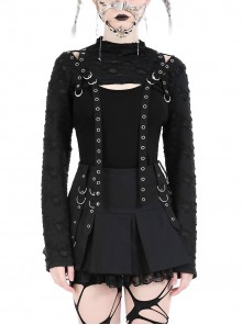 Black Decadent Irregular Holes Ribbon Decoration Punk Style Long Sleeves Top