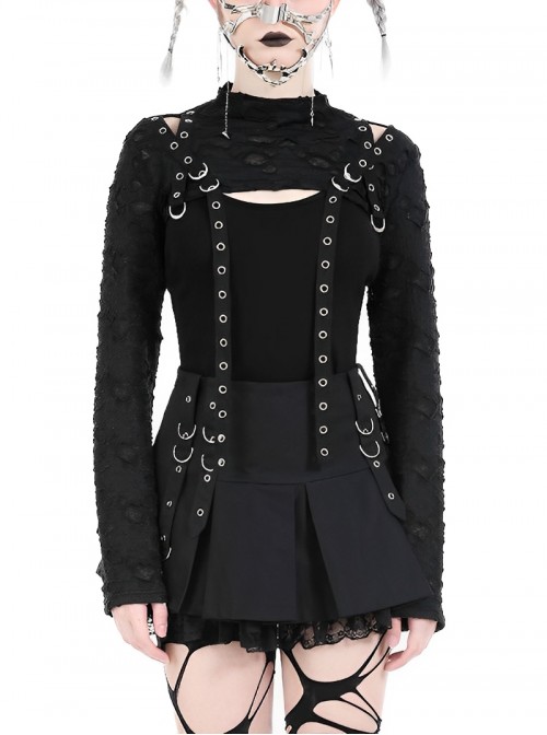 Black Decadent Irregular Holes Ribbon Decoration Punk Style Long Sleeves Top